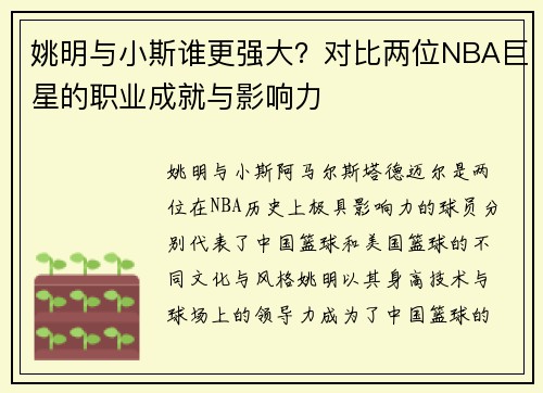 姚明与小斯谁更强大？对比两位NBA巨星的职业成就与影响力